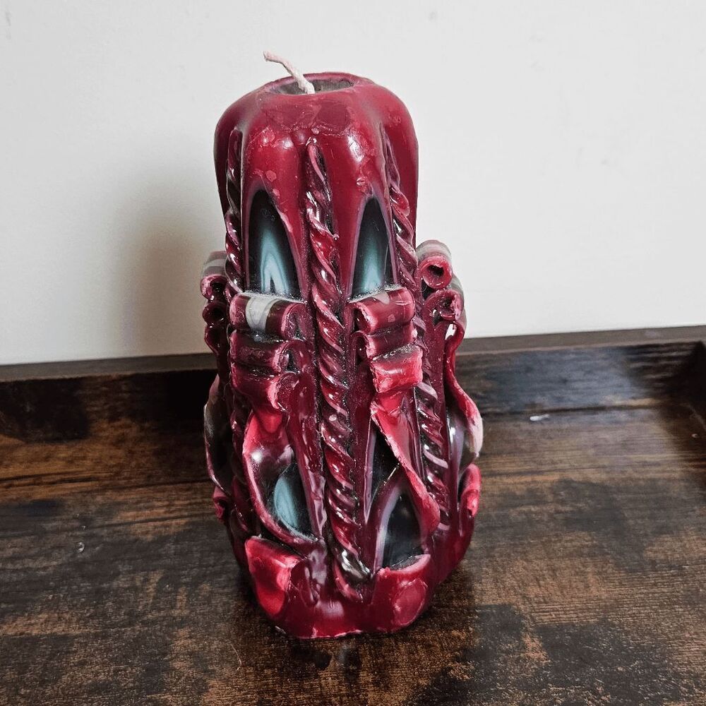 Carved Ribbon Wax Pillar Candle Red  7"